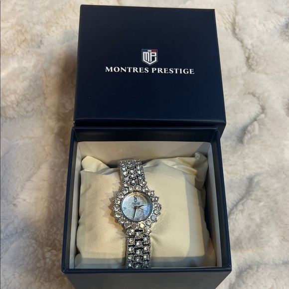 New Montres Prestige Silver Watch with Crystal Accents 26 mm